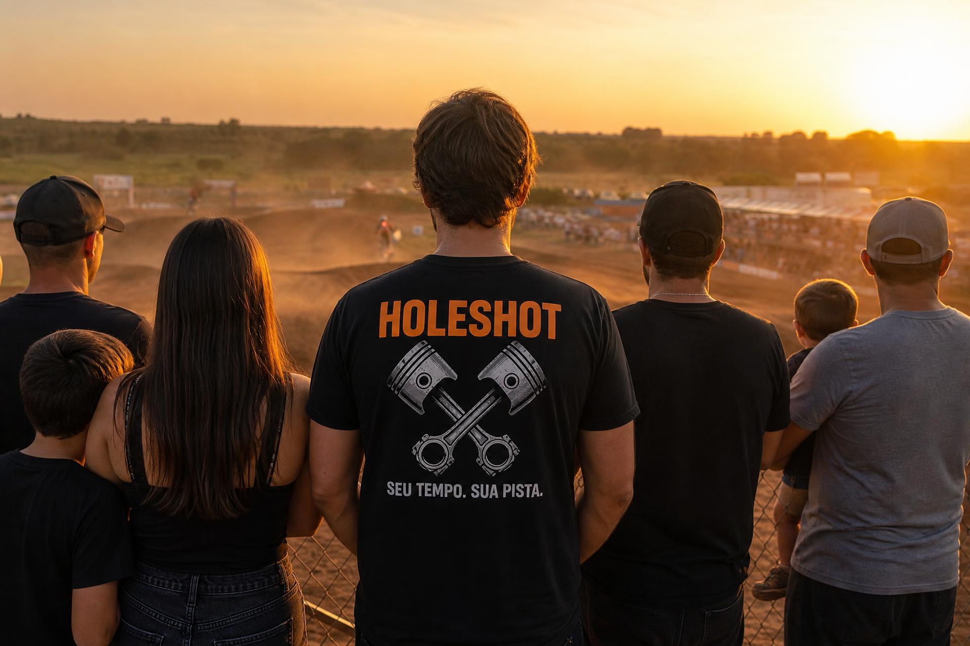 Família e amigos com camiseta HOLESHOT assistindo a uma prova de motocross apoiados na cerca da pista ao pôr do sol